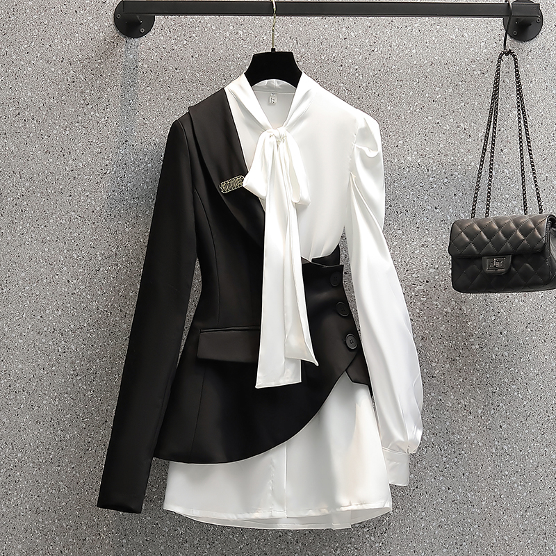 VANOVICH-오버사이즈 여성 셔츠 드레스, 새로운 디자인 오피스 레이디 패션 비대칭 스카프 칼라 2021 가을 신제품